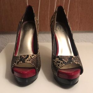 Faux snakeskin platform heels